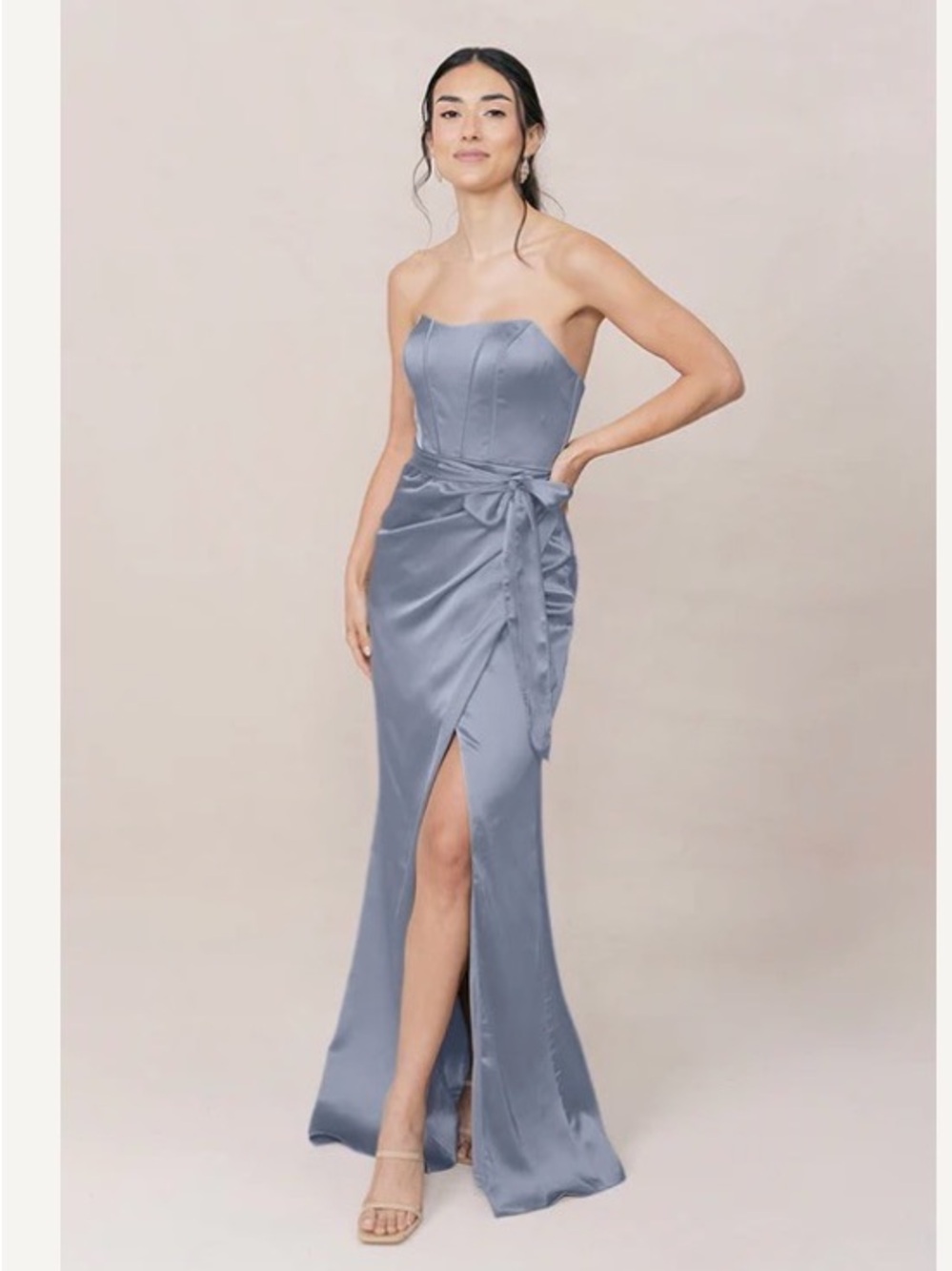 Revelry Satin bridesmaid Gown with Side Tie in French Blue-715